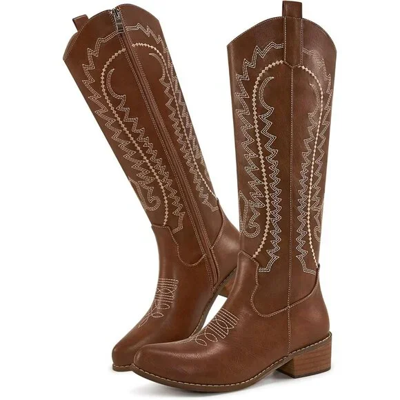 Women's Brown Embroidered Knee High Chunky Heel Pointed Zipper Tall Boots